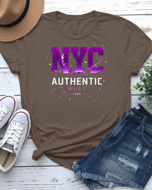 NYC Authentic Streetwear Tee with gritty skyline and graffiti on model