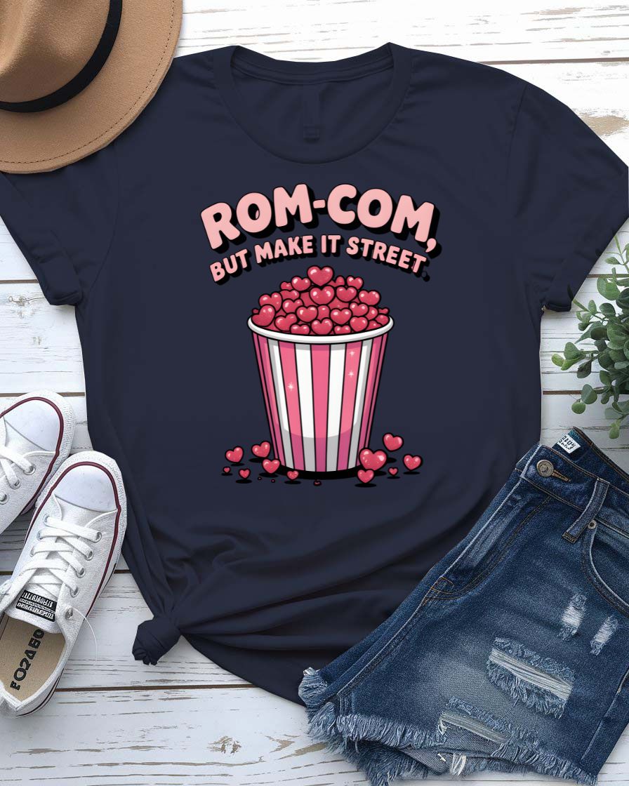 Rom-Com Valentine t-shirt with witty "In My Rom-Com Era" text and heart