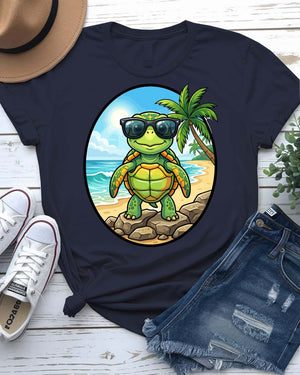 Beach bum turtle tee with sunglasses drinking coconut