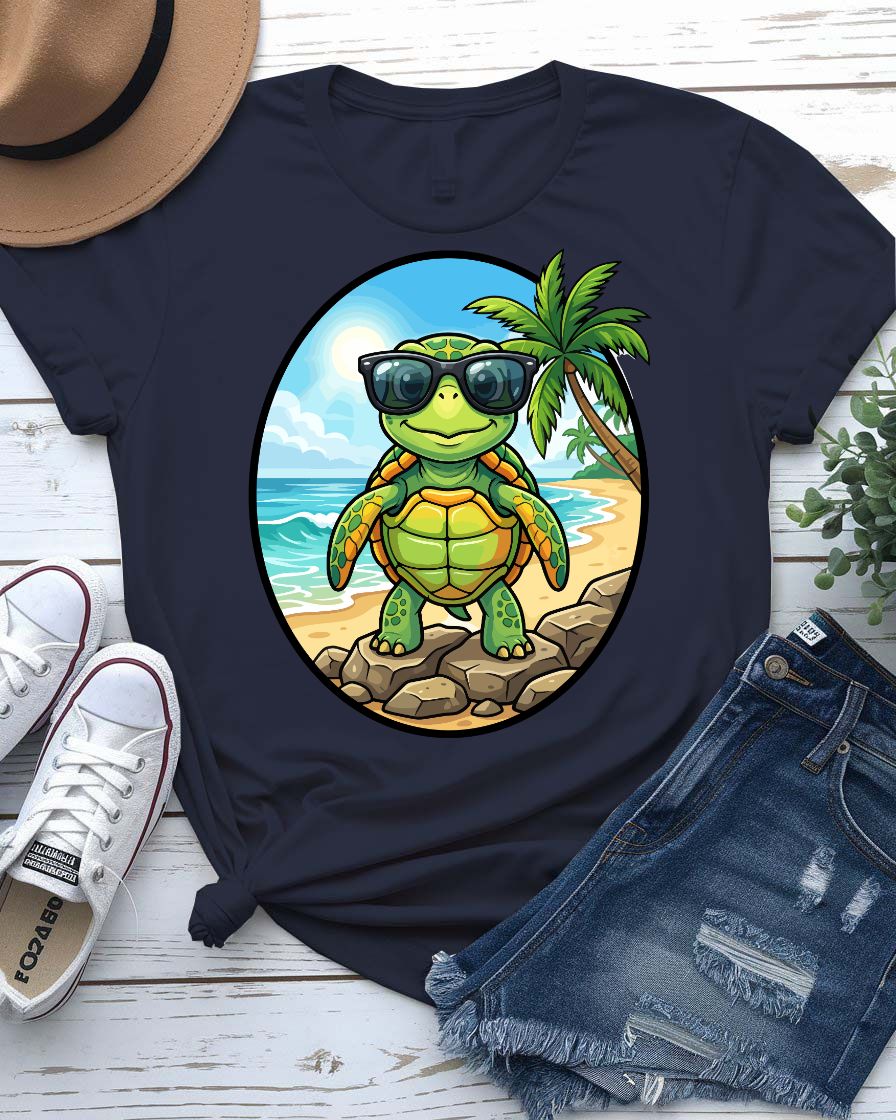 Beach bum turtle tee with sunglasses drinking coconut