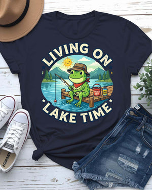 Living on lake time tee pine trees sunset graphic