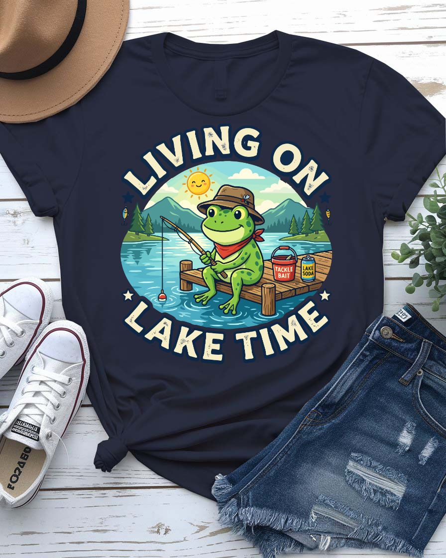 Living on lake time tee pine trees sunset graphic