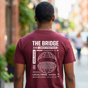 Bridge Streetwear Tee with suspension bridge in fog on model
