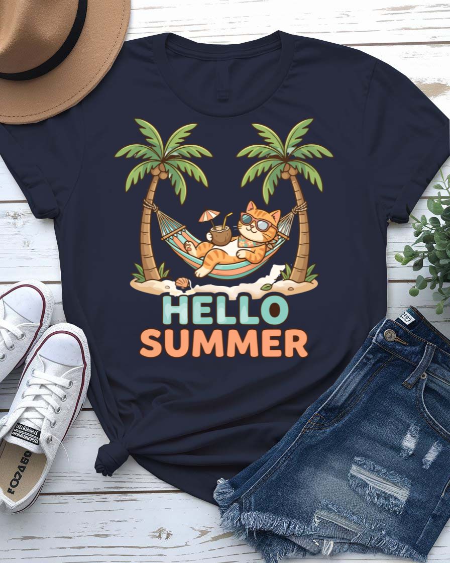 Hello cat summer tee waving kitty sunshine graphic
