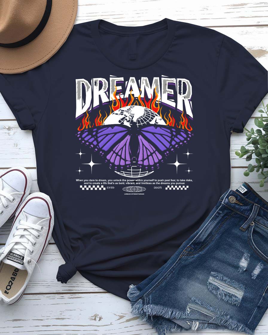 Dreamer Streetwear T-Shirt with silhouette and paper airplane graphic on model