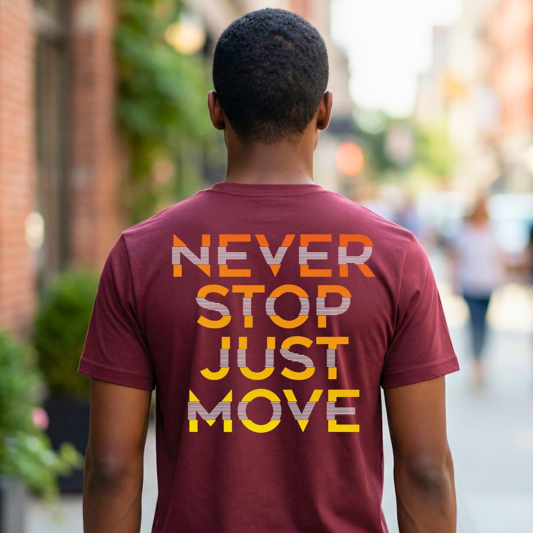Never Stop Just Move Streetwear Tee with figure in motion on model