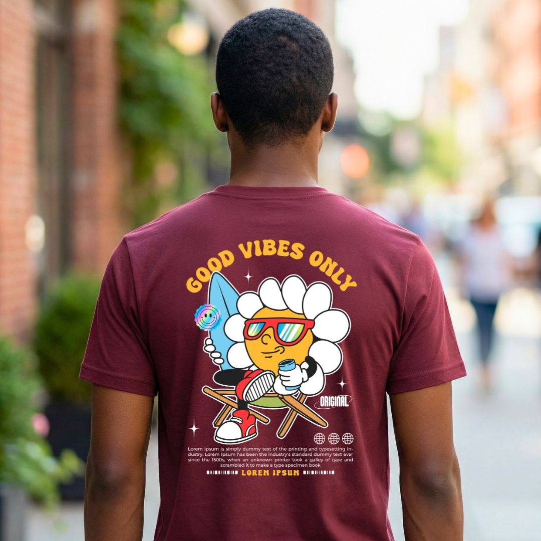 Good Vibes Streetwear Tee with radiating sun design on model