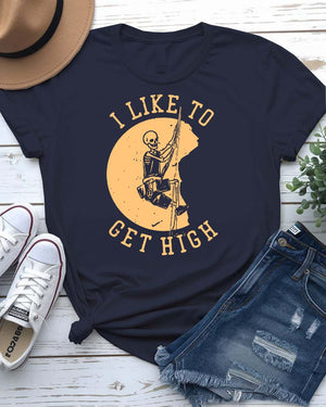 I Like to Get High Urban Style Tee with figure soaring above skyline on model