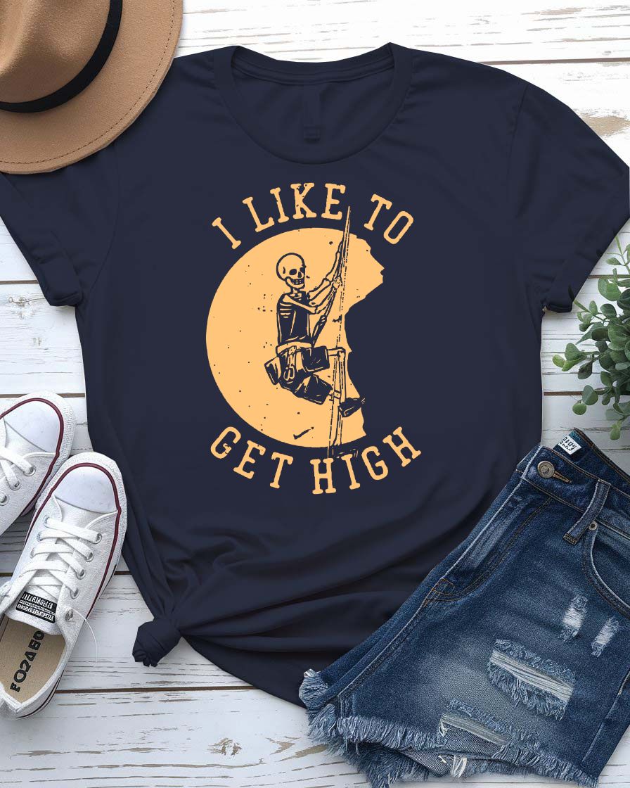 I Like to Get High Urban Style Tee with figure soaring above skyline on model
