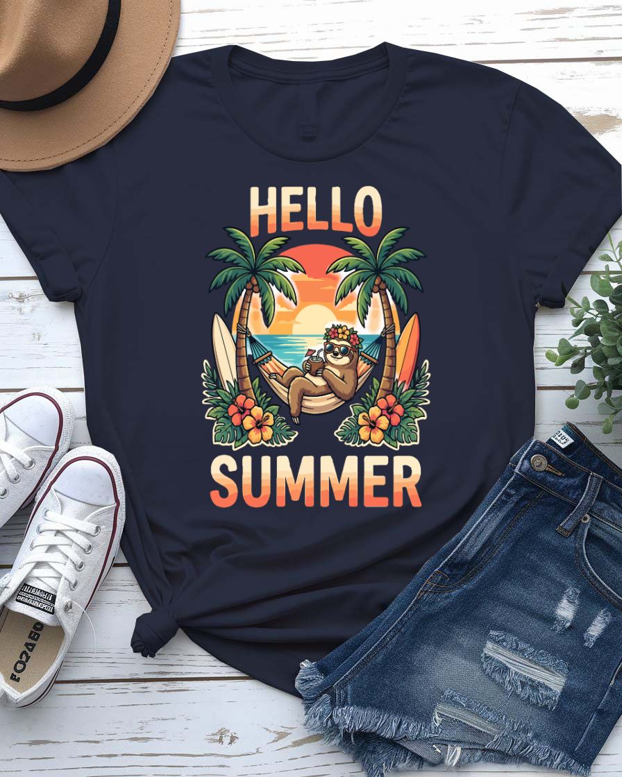Hello summer tee smiling sun graphic front view