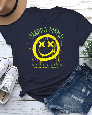 Happy Mind Copy visionary split-design tee on model in creative studio setting