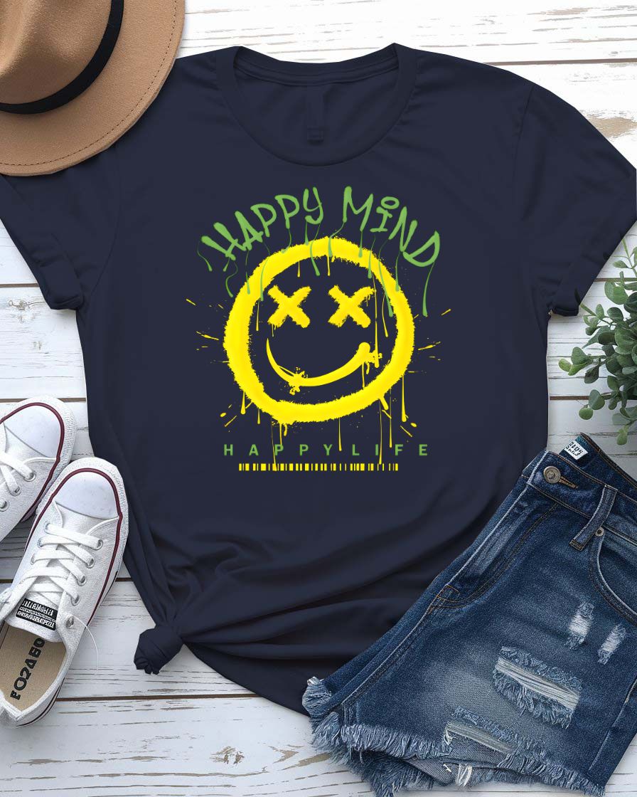 Happy Mind Copy visionary split-design tee on model in creative studio setting