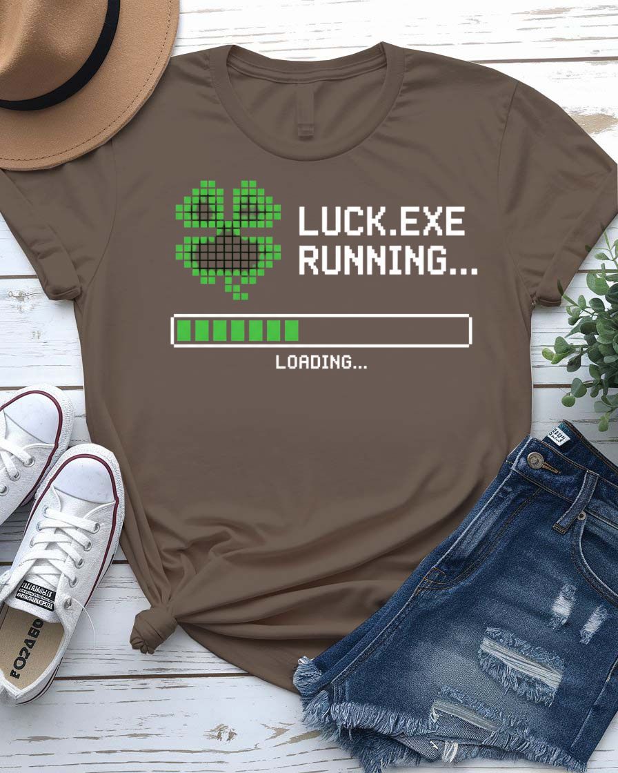 Luck.exe St. Patrick's Day Tee with terminal window design on model