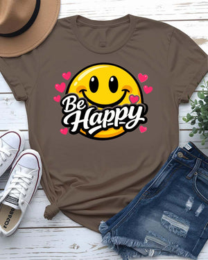 Be happy design tee smiling sun cheerful lettering graphic