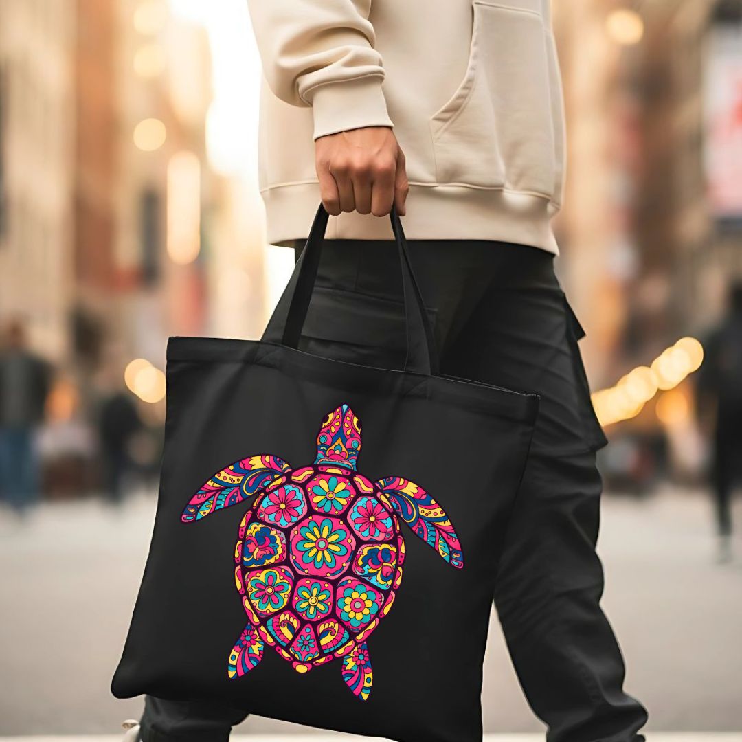 Vibrant Colorful Sea Turtle Art on Cotton Canvas Tote Bag