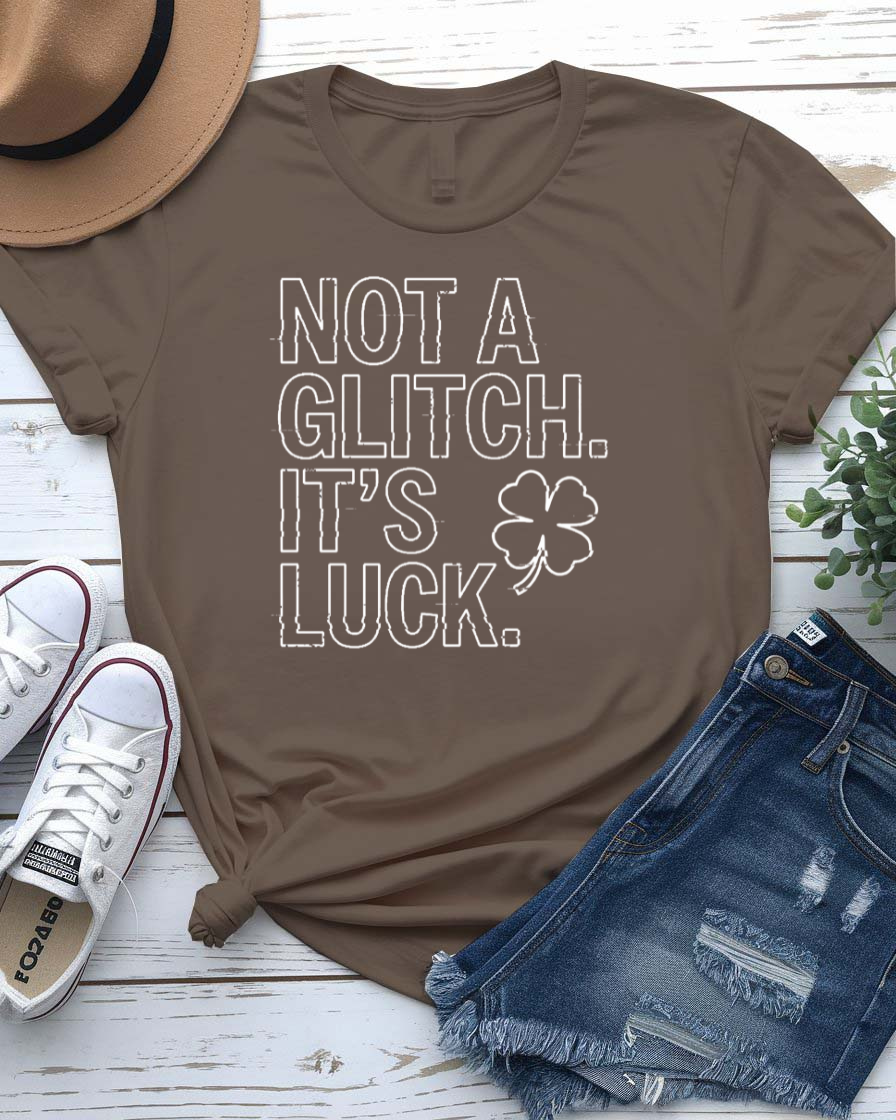 Not a Glitch It's Luck St. Patrick's Day Tee with shamrock error message on model