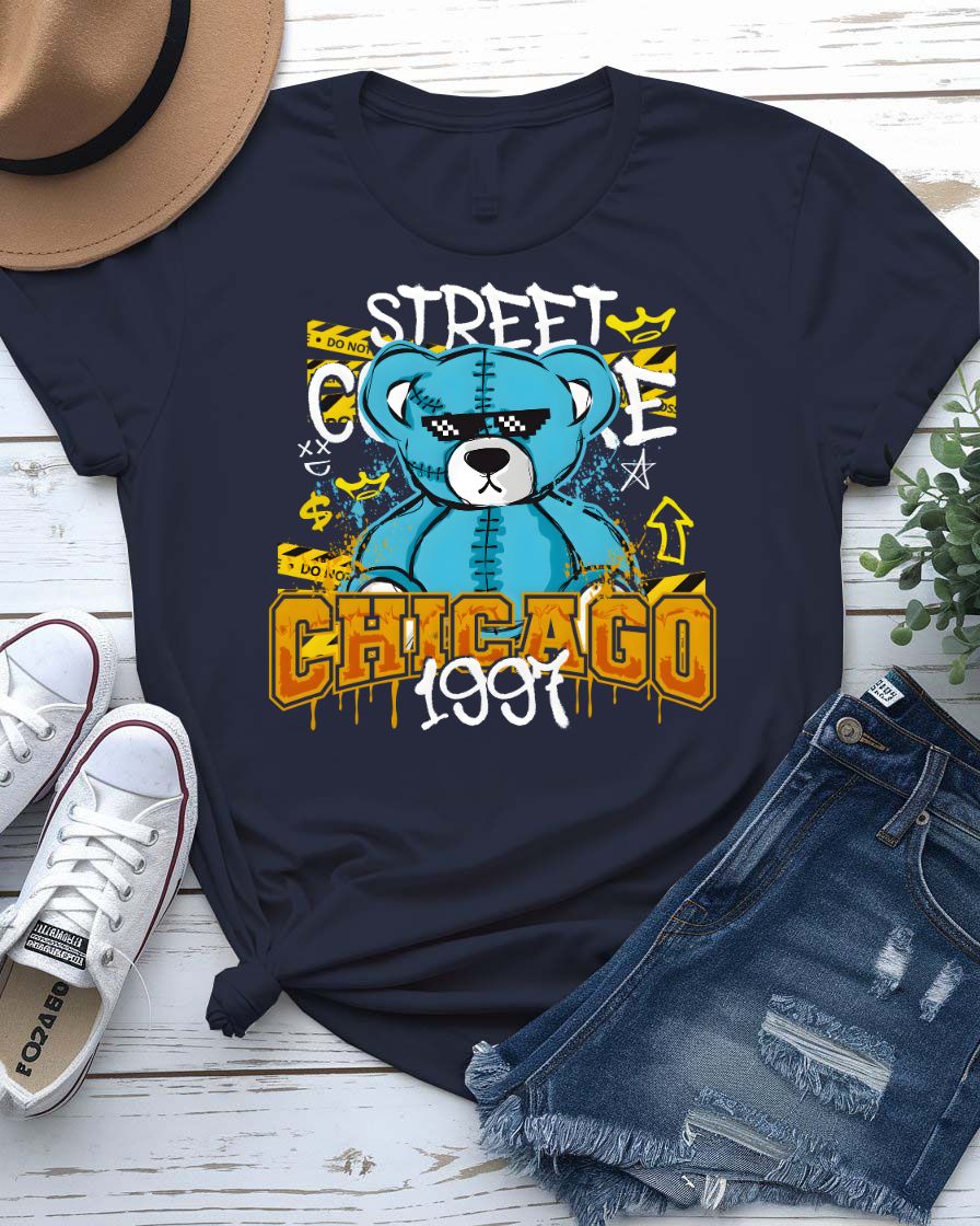 Chicago 1997 Streetwear Tee with retro skyline graphic on model