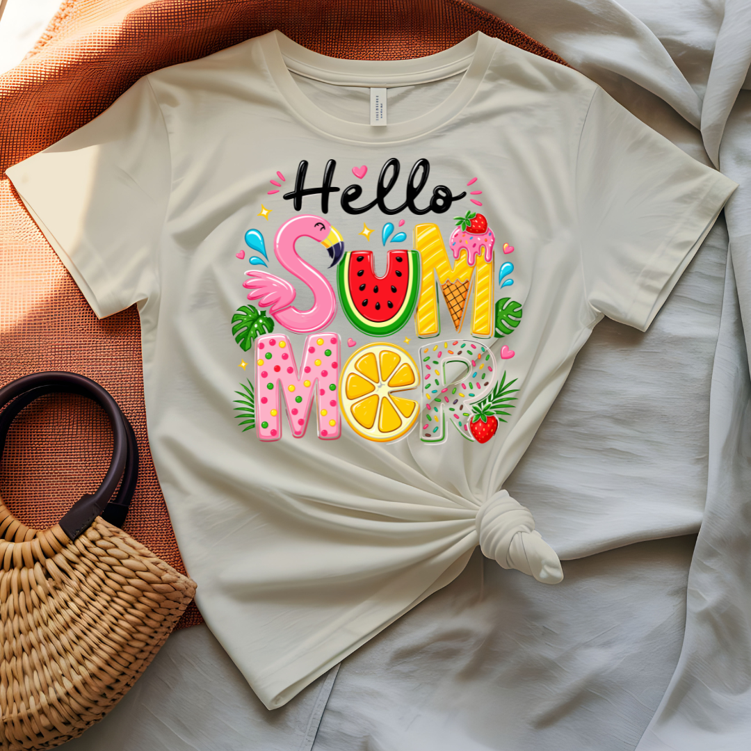 Hello Summer Tee with tropical leaves and floral design