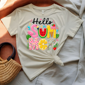 Hello Summer Tee with tropical leaves and floral design