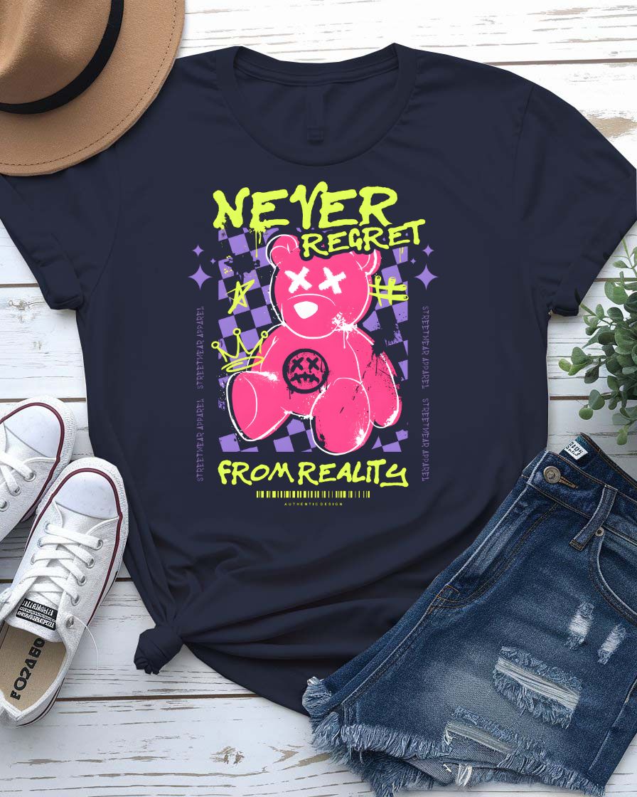 Never Regret Streetwear Tee with figure walking forward on stepping stones on model