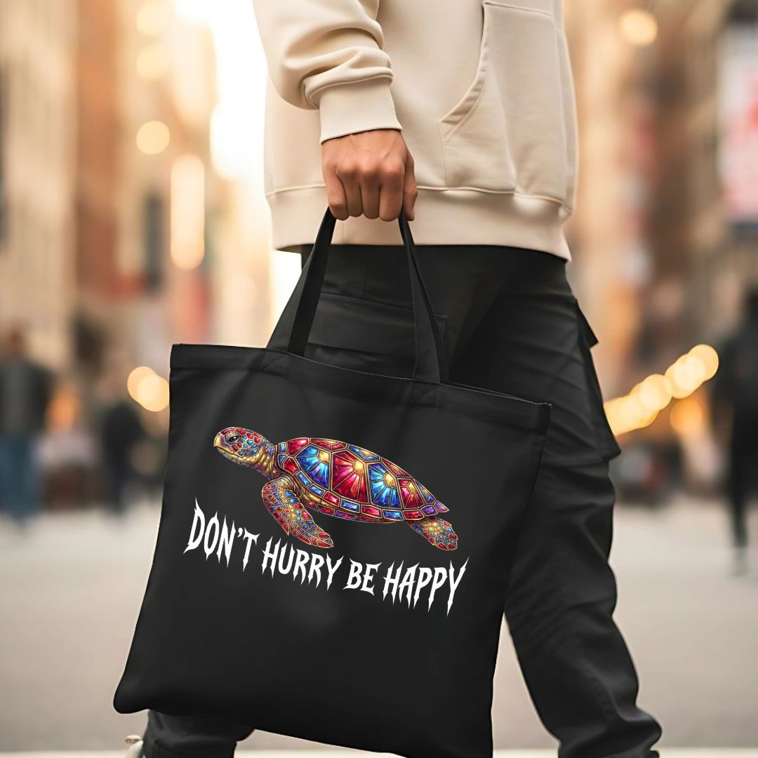 "Don't Hurry Be Happy" Relaxed Message Cotton Canvas Tote Bag