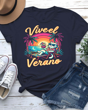 Vive el verano summer tee bold Spanish typography with sun