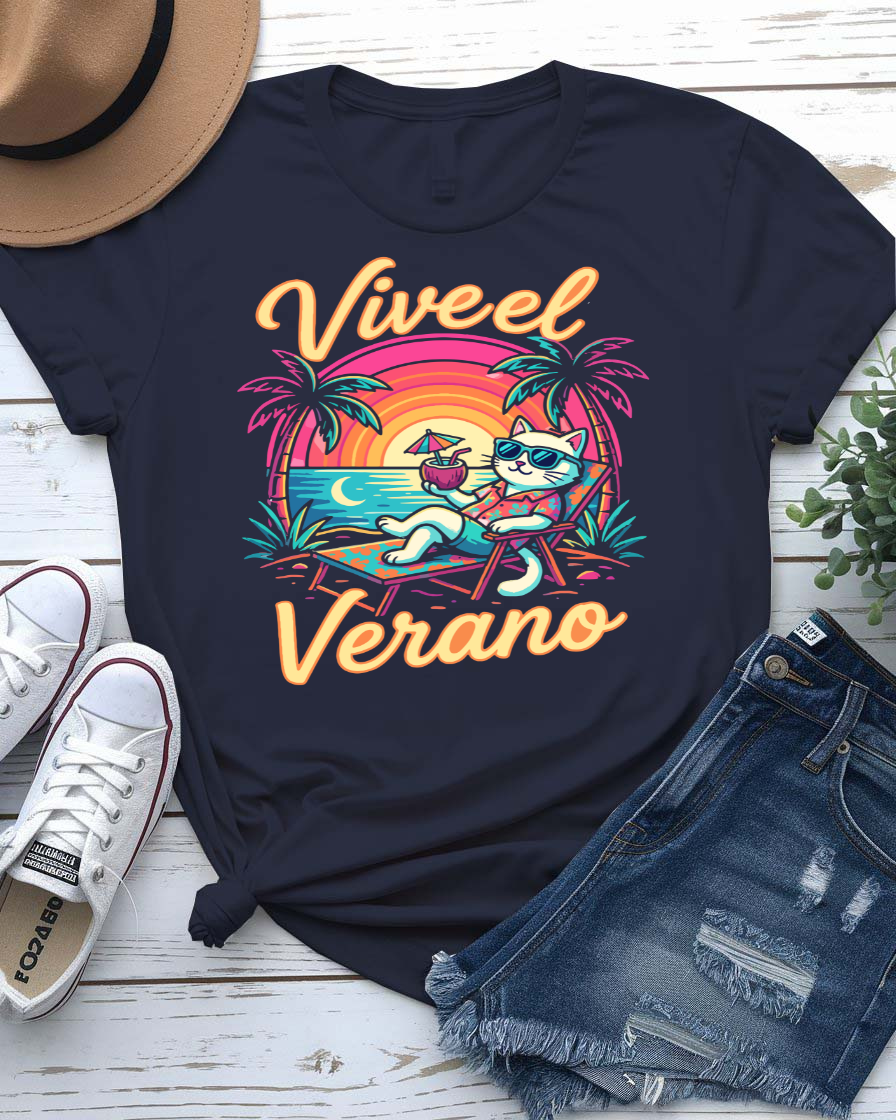 Vive el verano summer tee bold Spanish typography with sun