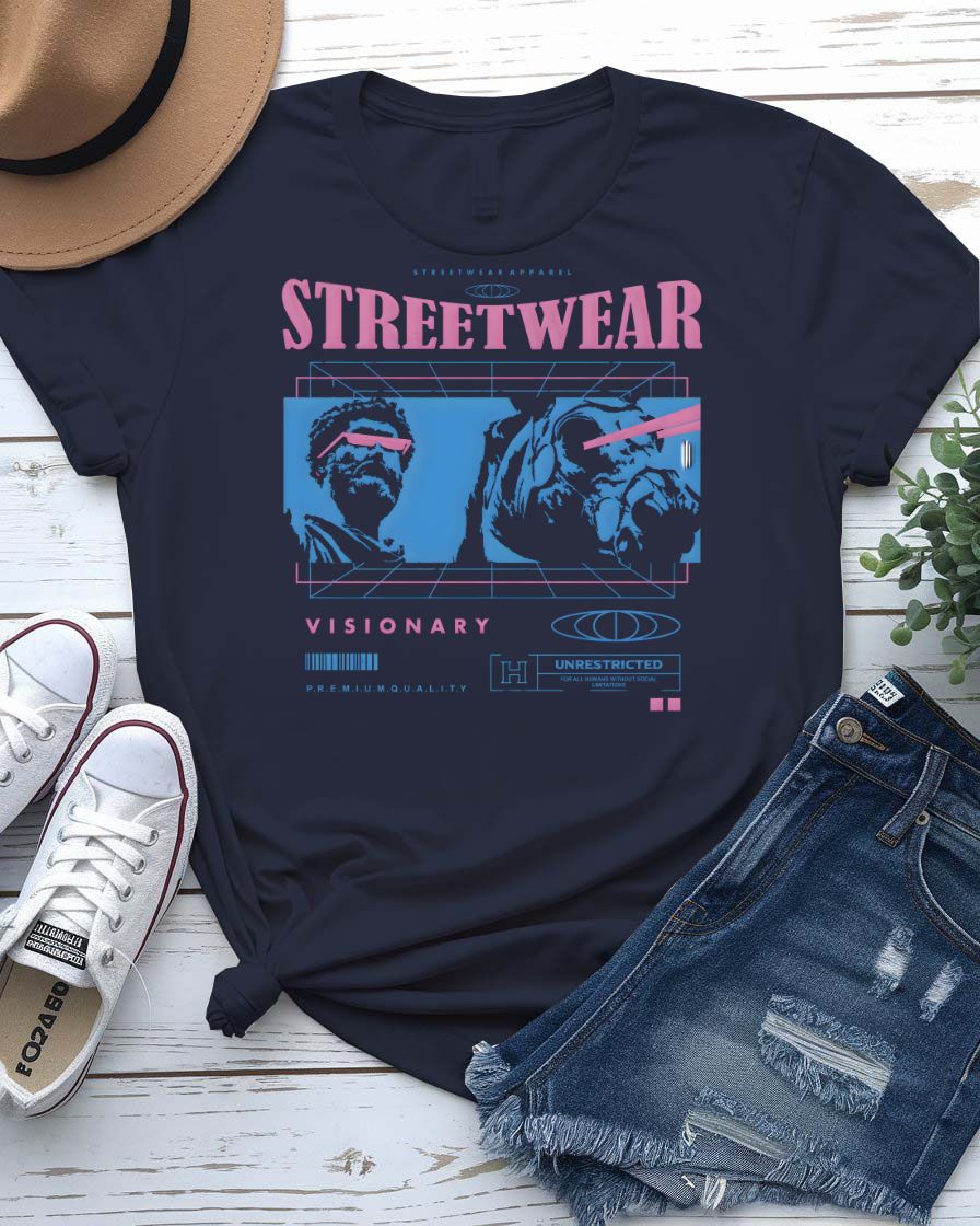 Visionary Urban Style Tee with abstract third eye geometric design on model