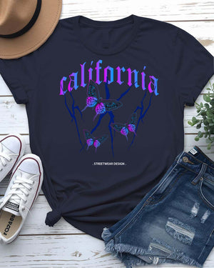 California Streetwear Urban Style Tee with bear and palm trees on model