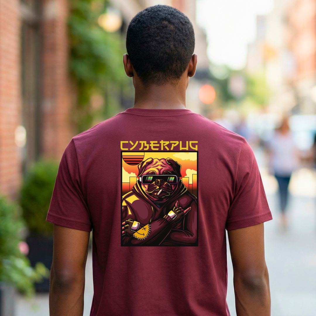 Cyberpug Streetwear Tee with neon-glowing cybernetic pug on model