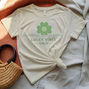 Lucky vibes only tee four leaf clover script design