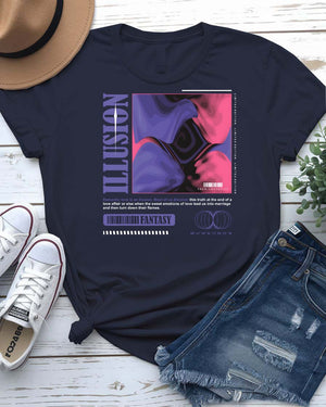 Illusion Streetwear Tee with impossible staircase optical graphic on model