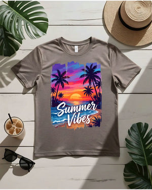 Sunset summer vibes tee orange pink sky with palm trees