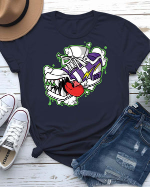 Shoes Bite Streetwear Tee with sneaker being bitten by concrete teeth on model
