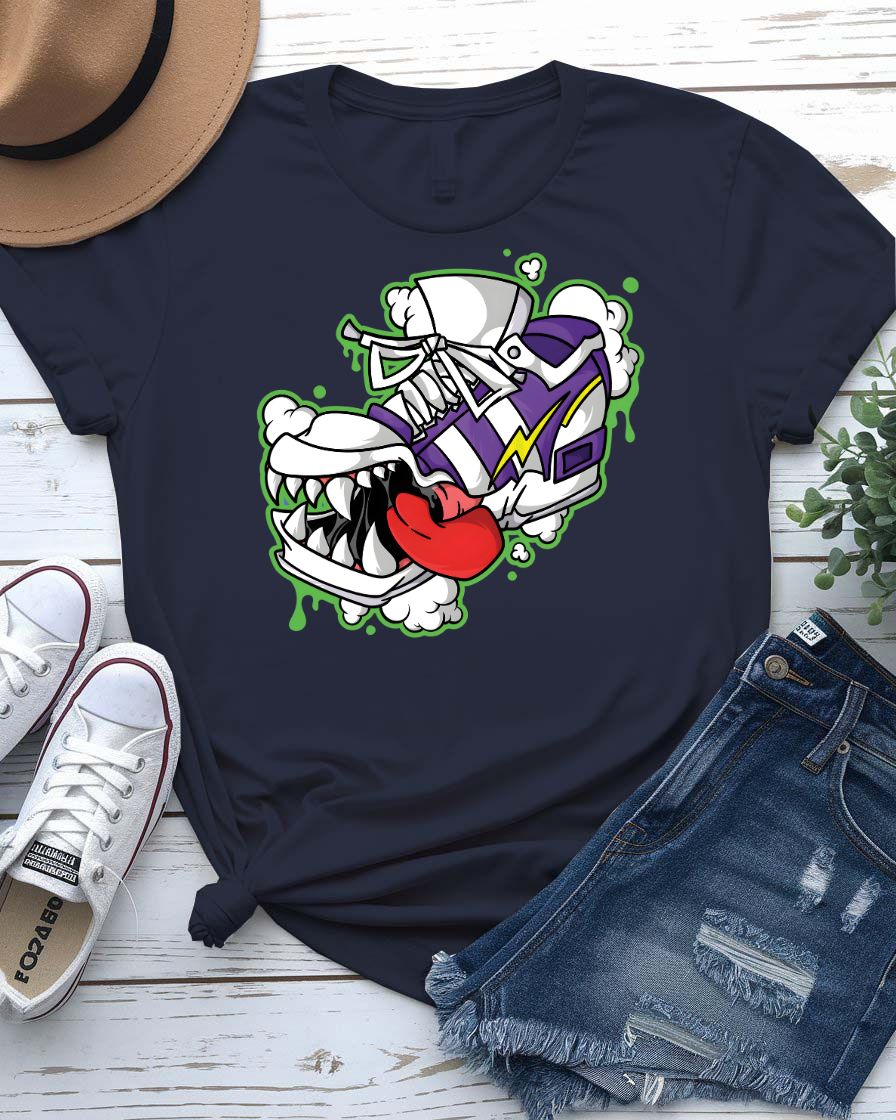 Shoes Bite Streetwear Tee with sneaker being bitten by concrete teeth on model