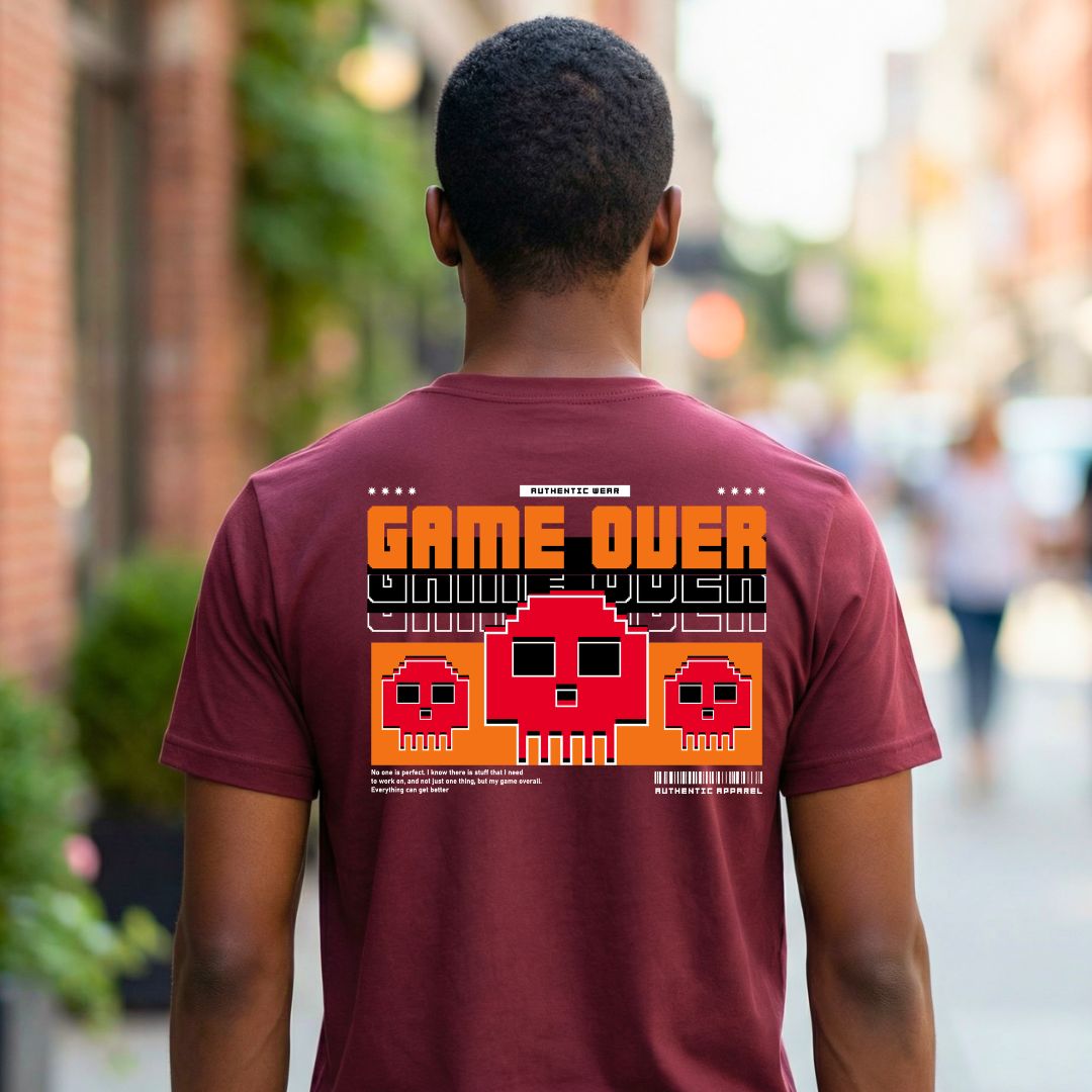 Game Over Gamers Tee with pixelated retro screen on model