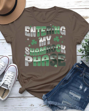 Entering My Shamrok Phase T-Shirt with geometric phasing shamrock on model