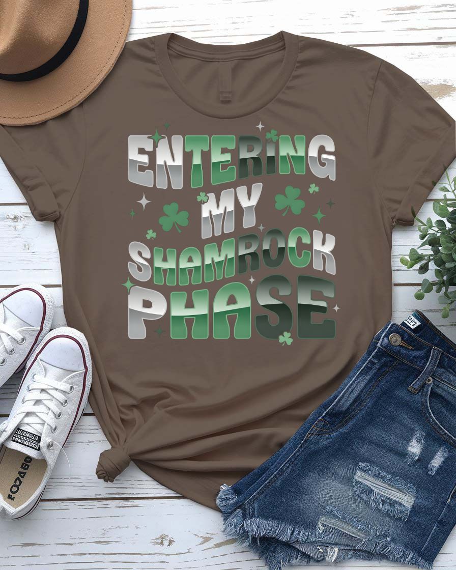 Entering My Shamrok Phase T-Shirt with geometric phasing shamrock on model