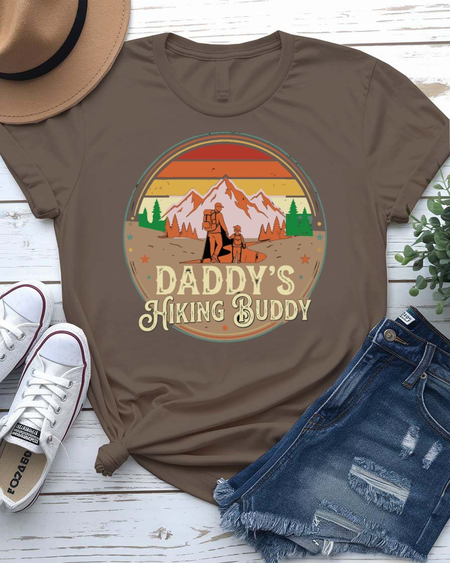 Daddys hiking buddy tee dad and child holding hands mountain trail