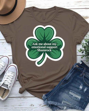 Ask Me About My Emotions St. Patrick's Day Tee with crying pint glass on model