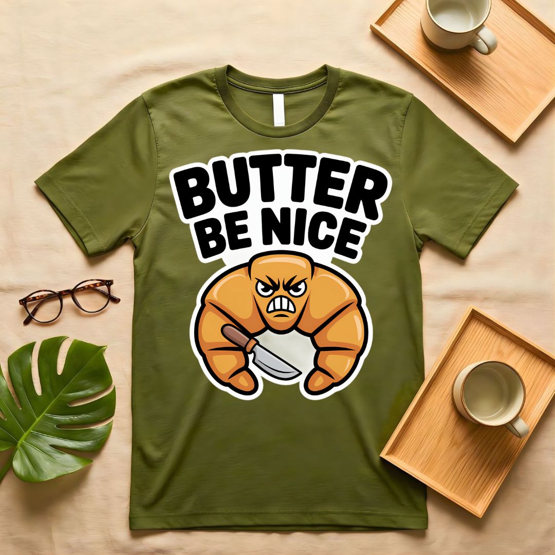 Butter Be Nice Positive Pun Graphic T-Shirt on Model