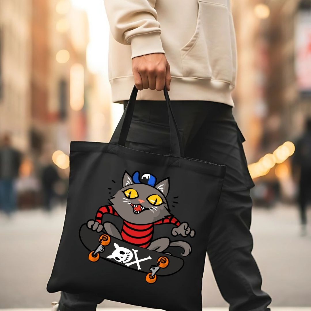 Skate Cat Graphic Cotton Canvas Tote Bag - Reusable Grocery Tote