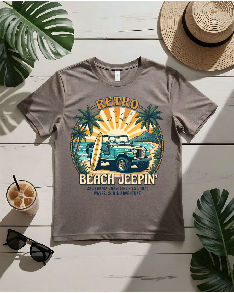Retro beach jeepin tee vintage jeep surfboards coastal highway