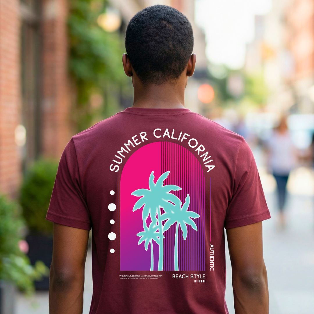 California Summer Streetwear Tee with vintage sunset and palm trees on model