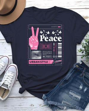 Peace urban graphic tee with deconstructed peace symbol on model