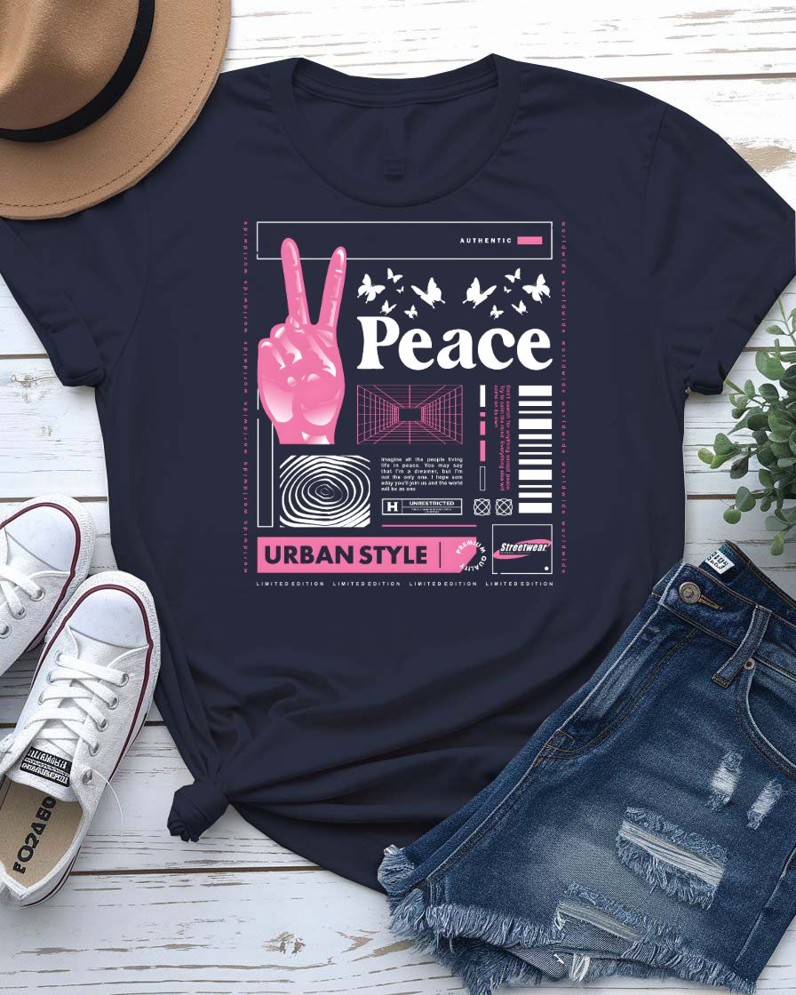 Peace urban graphic tee with deconstructed peace symbol on model