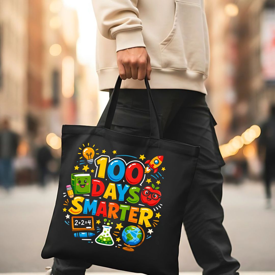 Colorful "100 Days of School" celebration tote bag on natural canvas