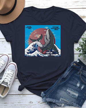 Whale Streetwear Tee with breaching humpback and geometric wave on model