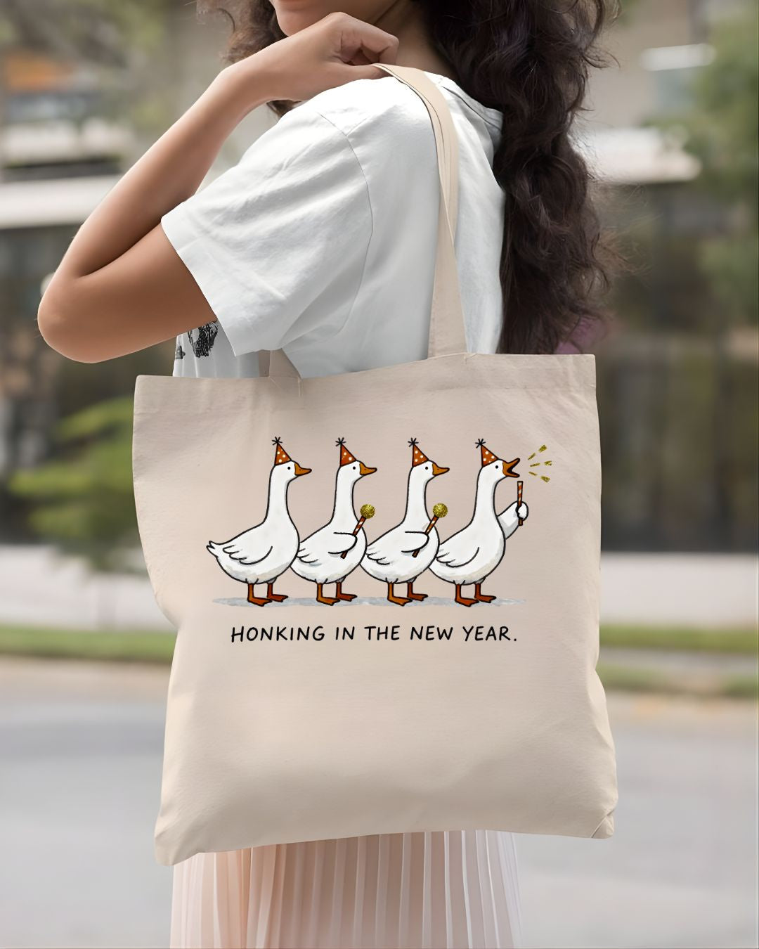 Honking In New Year Funny Cartoon Goose Tote Bag