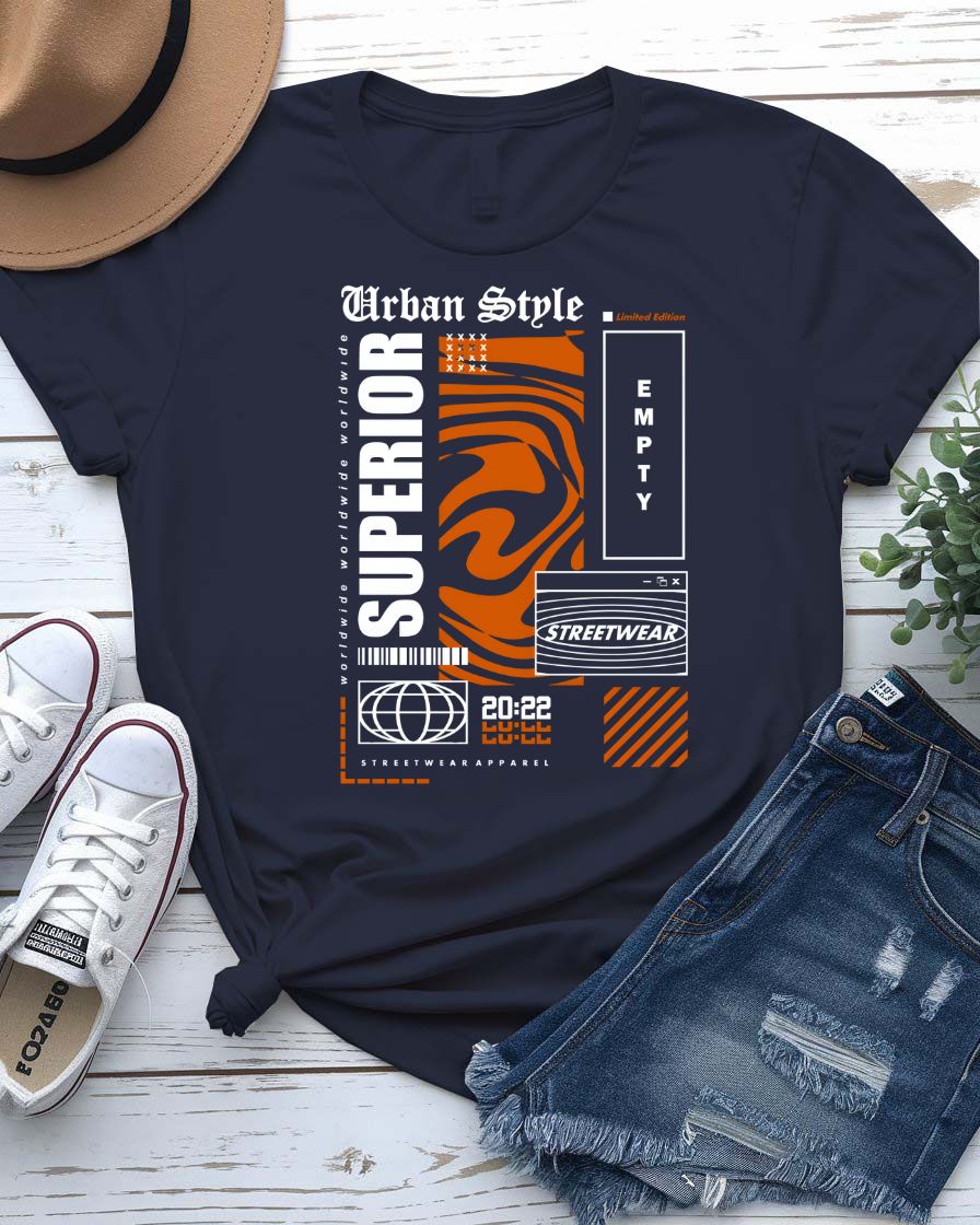 Empty Streetwear Tee with blank rectangle graphic on model